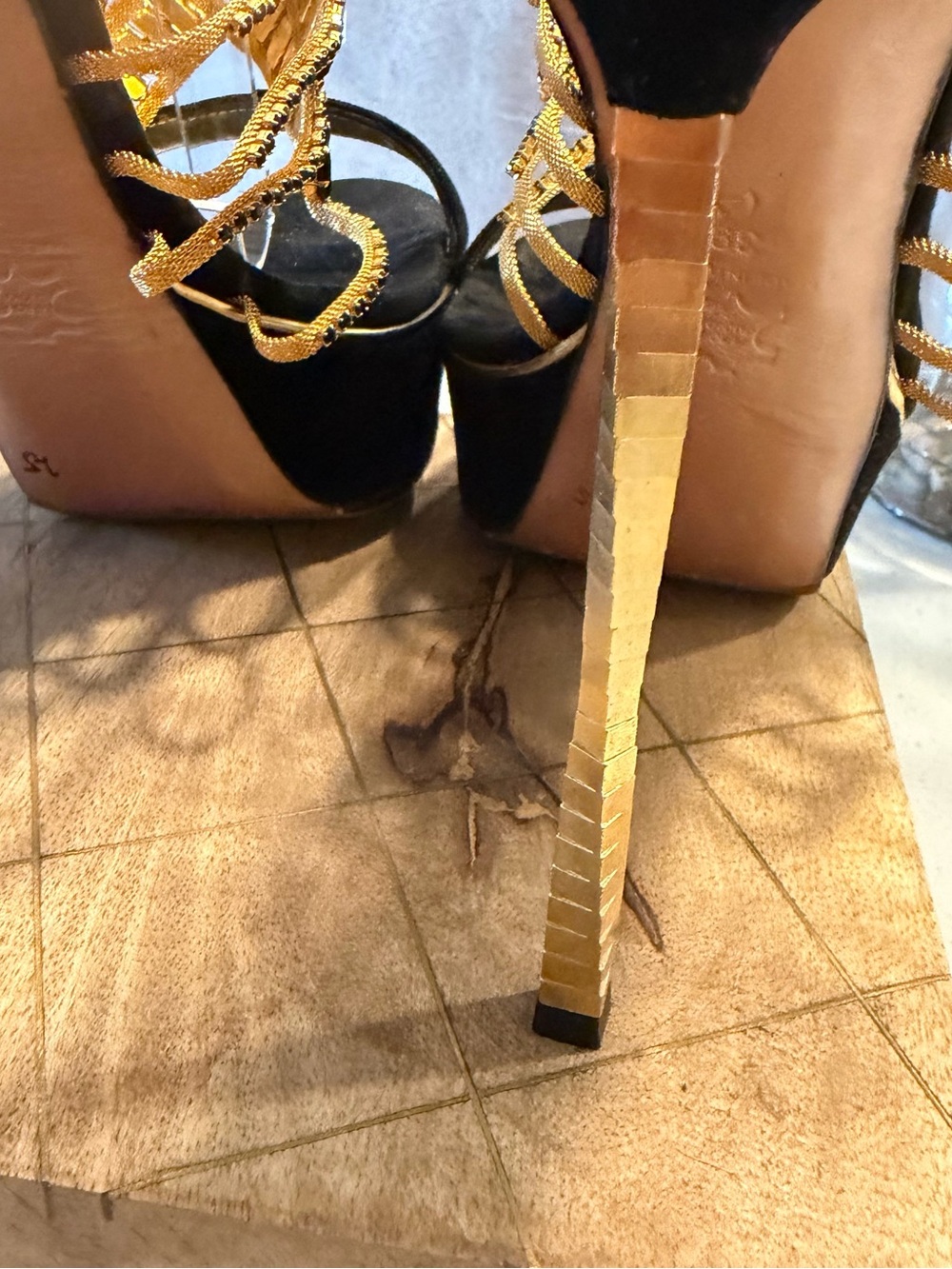 🔥RARE FIND! Frances Cosacco Black & Gold Crystal-Embellished Gold Stiletto Heels - Picture 9 of 12